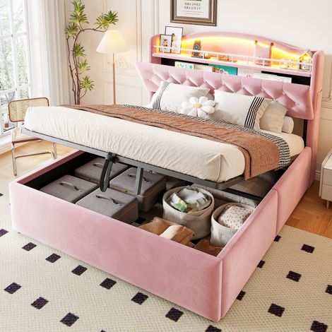 Lit coffre adulte 140x200 cm rembourré avec rangement hydraulique, LED, USB et USB-C, tête de lit à compartiments, velours rose (1/5)