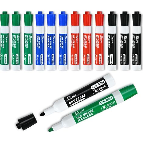 Lot de 12 marqueurs effaçables à sec avec pointe ogive de 2,7 mm, encre à faible odeur pour réunions et salles de classe 4 couleurs (1/5)