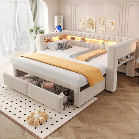 Lit banquette convertible 90/180 x 190 cm avec rangements, LED, USB et Type-C, velours beige REDOM (1/5)
