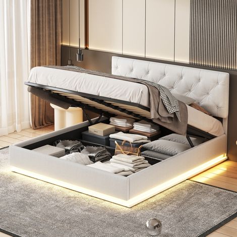 Polsterbett mit Stauraum 140x200 cm, Doppelbett mit LED-beleuchtetem Kopfteil mit Nietenverzierung, Lattenrost, Metallgestell, Stauraum, Leinen, Jugendbett - Weiß (1/5)