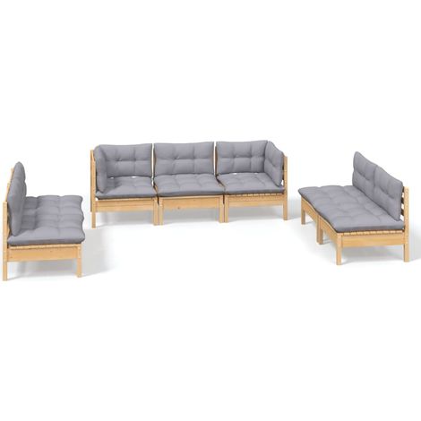 INLIFE Salon de jardin 7 pcs avec coussins gris Bois de pin massif (1/5)