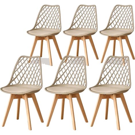 Chaises de salle à manger, siège en cuir rembourré, pieds en bois massif, 6pcs Beige (1/2)
