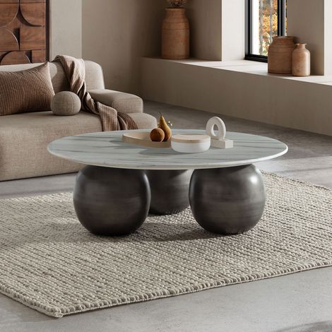 Table basse ronde 120x40 cm en marbre blanc et métal anthracite