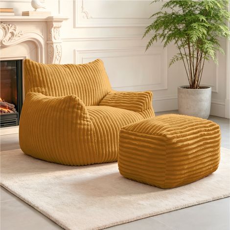 Pouf Poire avec Repose-Pieds 103x90x70 cm, Fauteuil Relax Ergonomique, Soutien 5 Zones, Accoudoirs Larges, Velours Côtelé, Jaune (1/5)