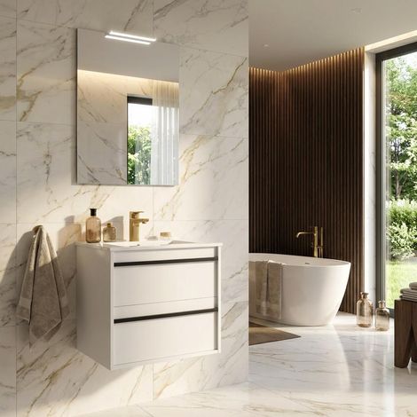 Mobile Bagno Sospeso 60 cm con Lavabo in Ceramica e 2 Cassetti Bianco Satinato – Urban