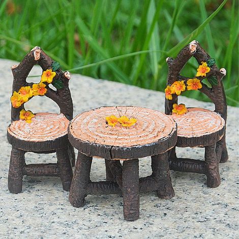 Decoración de jardín: Juego de mesa y sillas en miniatura de resina (8 piezas) para micropaisajes. (1/5)