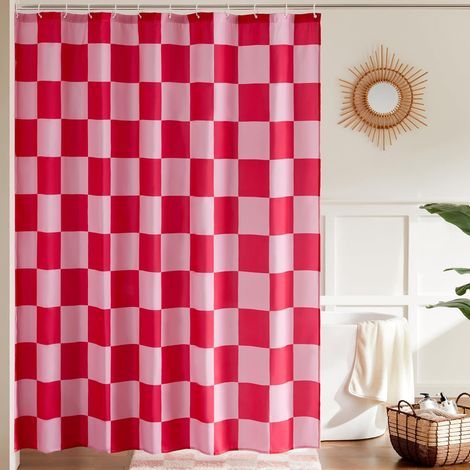 Pink checkered shower curtain for bathroom, pretty retro checkered shower curtain, vintage aesthetic, machine washable, 183 x 183 cm (1/5)