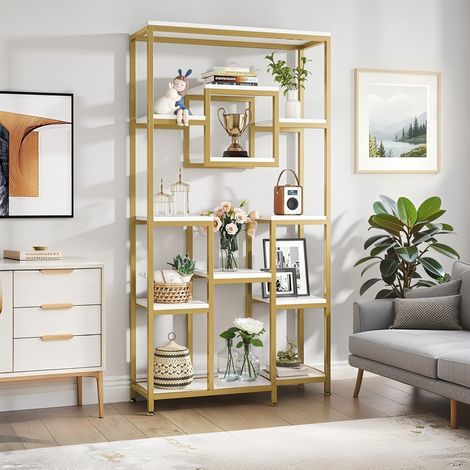 Bücherregal mit 11 Fächern, 180 cm hoch, Aufbewahrungsregal, Stahlrahmen, Raumteiler-Bücherregal, Gold