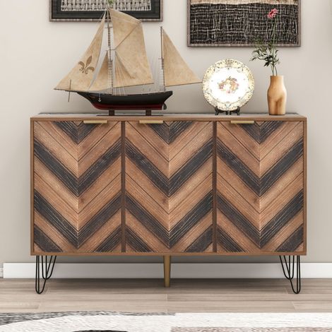 Eifson – Buffet 120 cm en placage bois massif avec 3 portes – Cloisons réglables – Pour salon ou cuisine – Couleur noyer (1/5)