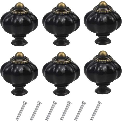 (Black) Set of 6 vintage pumpkin-shaped furniture handles, drawer knobs with screws for kitchen cabinets, dressers and wardrobes
