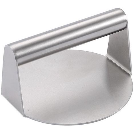 Pressa per hamburger, diametro 14 cm, acciaio inox, piastra di pressatura spessa 1,5 mm. Pressa per griglia per schiacciare gli hamburger. Per griglie. Accessorio per barbecue. Argento. (1/5)