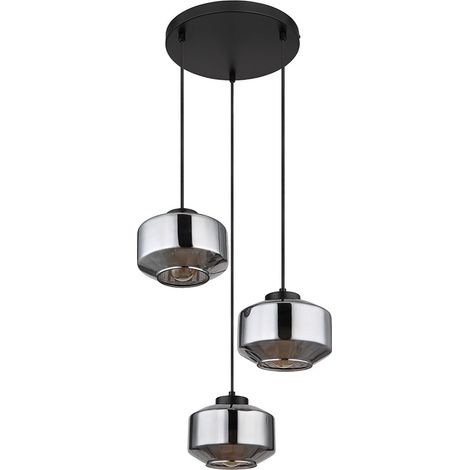Pendellampe Esstisch Wohnzimmerleuchte schwarz 3-flammig Hängeleuchte modern, bauchige Glasschirme, Metall schwarz rauch, 3x E27, DxH 40x120 cm