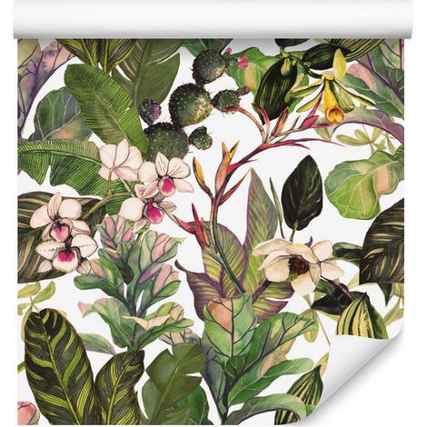 Papier peint à motifs de feuilles tropicales et de cactus pour salon et chambre 50x1000 cm (1/5)