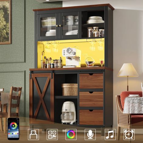 Buffet Cuisine 104 cm avec Plan de travail,Meuble de Cuisine avec 3 Tiroirs & Portes,Lumière LED Intelligent,Noir