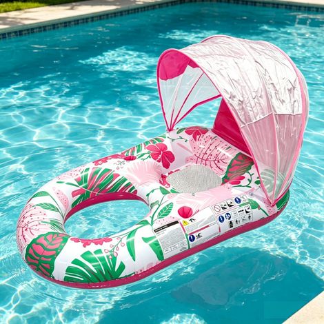 Matelas flottant gonflable pour adulte avec parasol, transat de piscine pliable avec porte-gobelet, 145x92x88cm, motif tropical rose, pour piscine et plage (1/5)