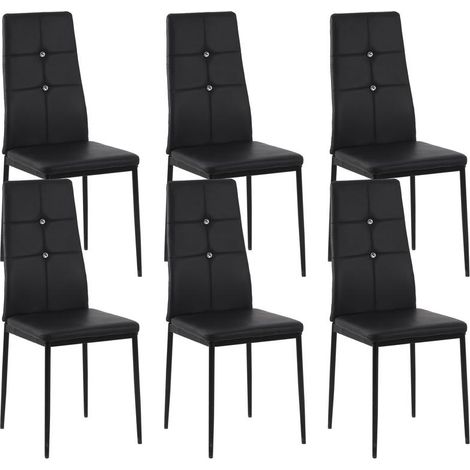 Lot de 6 chaises noires en similicuir avec dossier haut capitonnage boutons et acier, design sobre chic salle à manger (1/5)