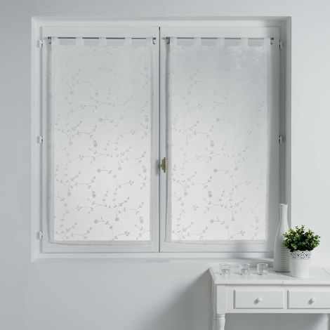 Douceur d'Intérieur. Coppia di tende dritte con passanti, 60 x 120 cm, velate, sabbiate, ricamate con piccoli fiori, colore: bianco.