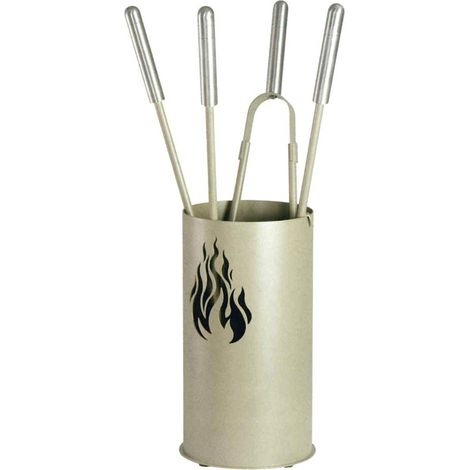 Porta attrezzi camino fiamma acciaio tortora sabbia 4 accessori h.60 d. 16 cm.  Made in Italy