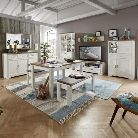Komplettset Wohn- und Esszimmer JÜLICH-36 in Pinie weiß und Artisan Eiche Nb., Wohnwand B/H/T: 359/204/51 cm (1/5)