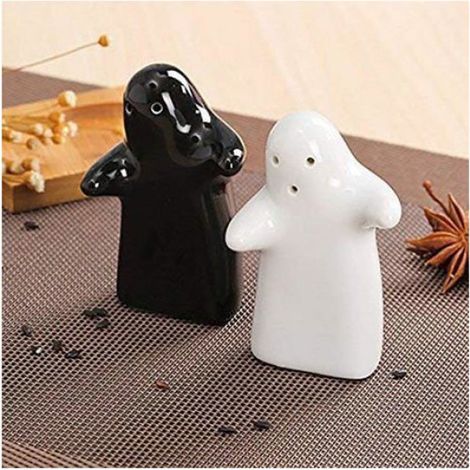 Salière et poivrière décoratives en céramique, couple enlacé noir et blanc, recharge facile, lot 2 pièces (1/2)