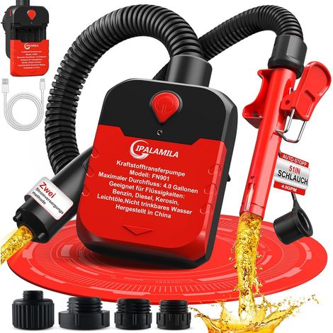 Pompe a carburant avec arrêt automatique,15 L/min Pour diesel,essence,huile et eau Flexible inclus Adaptée aux jerricans,tracteurs,générateurs,tondeuses 4 adaptateurs fournis (1/5)