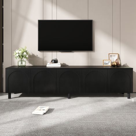 Meuble TV 180x38x45 cm Lowboard avec 5 portes, pieds métalliques, panneaux de particules et MDF, design moderne, noir (1/5)