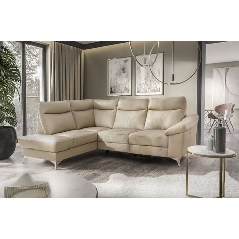 - Canapé d'angle en cuir italien de luxe 5 places LUZINI beige, angle gauche (1/4)