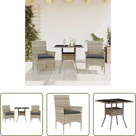 Gartenessgruppe - 3-tlg. Garten-Essgruppe mit Kissen Hellgrau Poly Rattan Glas (1/5)