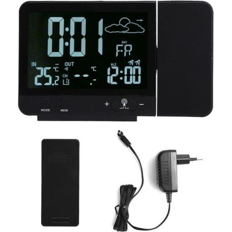 Alarm clock with projection, wireless indoor/outdoor thermometer/hygrometer, temperature and humidity gauge. EU 230V power supply.