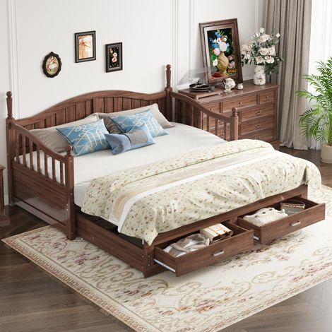 Divano letto estraibile 90x190 cm noce naturale in legno con cassetti e rete a doghe (1/5)