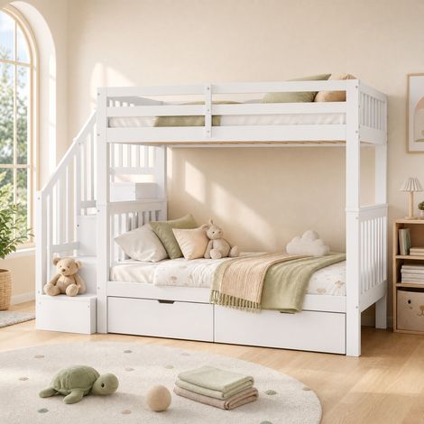 Cama litera infantil (251.5x97x160 cm), con escalera estantería, dos cajones, barandillas altas, madera de pino, blanco (1/5)