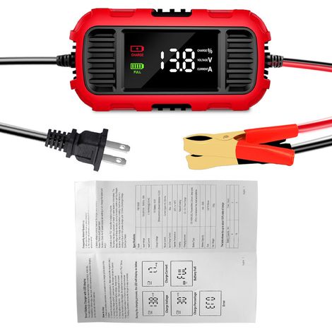 Chargeur de batterie automatique à charge lente, chargeur intelligent 12 V 2 A avec écran LED pour batteries plomb-acide AGM/GEL à décharge profonde de motos, prise américaine. (1/3)