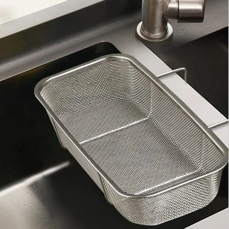 Panier égouttoir d'évier en acier inoxydable, passoire d'angle suspendue, filtre à déchets alimentaires pour plan de travail et filtres à fruits et légumes. (1/4)