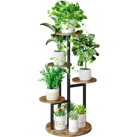 Support de plantes d'intérieur à 5 niveaux pour plusieurs pots de fleurs pour salon, terrasse, jardinage, décoration intérieure (noir + marron rustique, 5 niveaux) (1/5)