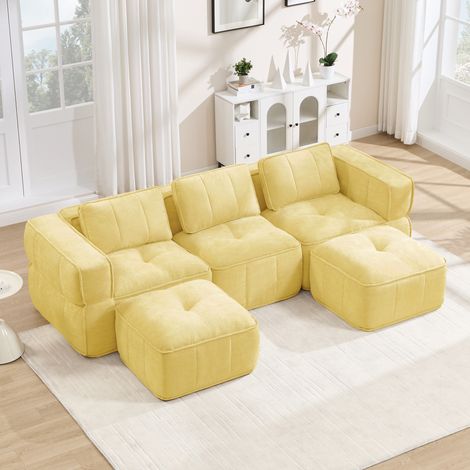Divano modulare a U 3 posti con 2 pouf, tessuto in poliestere giallo, 271 cm (1/5)
