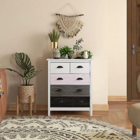 Commode à tiroirs armoire de rangement avec 5 tiroirs protection anti-basculement pour chambre à coucher,salon en blanc,70x38x85cm