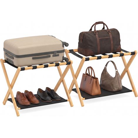 Lot de 2 porte-valises pliables en bambou naturel avec sangles en nylon et étagère en toile Oxford, pour chambre d'amis et hôtel (1/5)