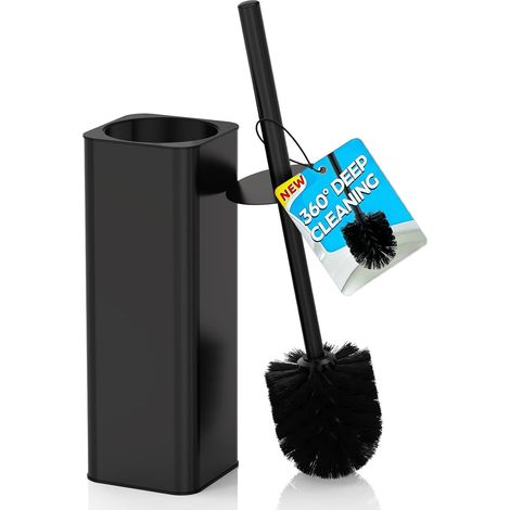 Brosse WC en silicone avec support - Noir - Rectangulaire - Avec 2 brosses de rechange - Pour salle de bain - Nettoyage hygiénique et acier inoxydable (1/5)