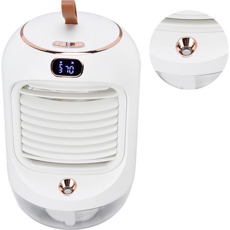 Wiederaufladbarer, oszillierender Tischventilator mit USB-Anschluss, eingebautem Akku, 5 Flügeln, Wassernebelfunktion, Nachtlicht, weiß. (1/5)