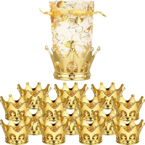 Sachet de 15 coupes à dessert dorées rechargeables en forme de couronne, idéales pour ranger gâteaux, chocolats et autres desserts. Parfaites comme cadeau pour une fête prénatale ou un anniversaire. (1/3)