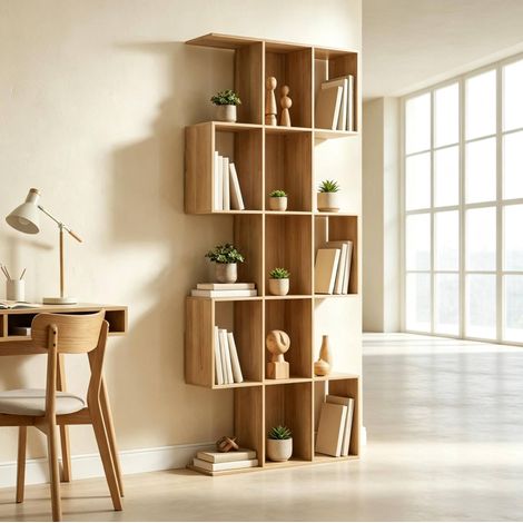 Libreria a 5 livelli a S, 15 scomparti aperti, MDF, rovere, 80 x 24 x 200 cm HAVRYA (1/5)