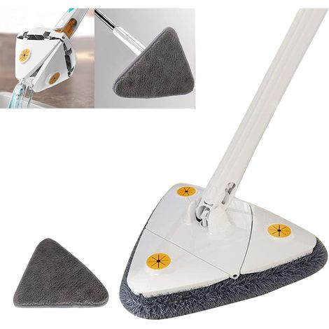 Vadrouille de Nettoyage Triangulaire à 360 degrés, Balai télescopique Triangulaire, Balai à sertir réglable, serpillère Multifonction Automatique (Blanc + 1 Tampon) (1/5)