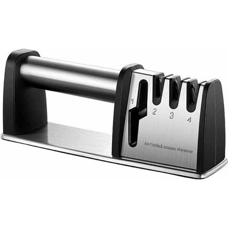 Aiguiseur couteaux Professionnel, 4 en 1 Affuteur Couteau avec revêtement en diamant et base antidérapante en acier inoxydable pour Ciseaux et Couteaux de Cuisine de Différentes Tailles