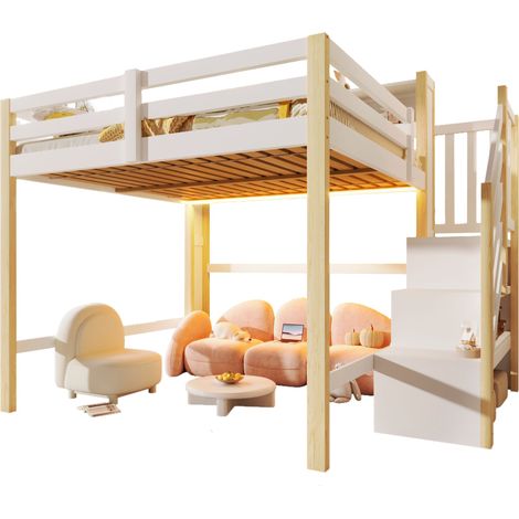 Lit mezzanine 140x200 avec led & grand espace sous le lit, escalier de rangement & étagères ouvertes, design gain de place , bois naturel et blanc (1/5)