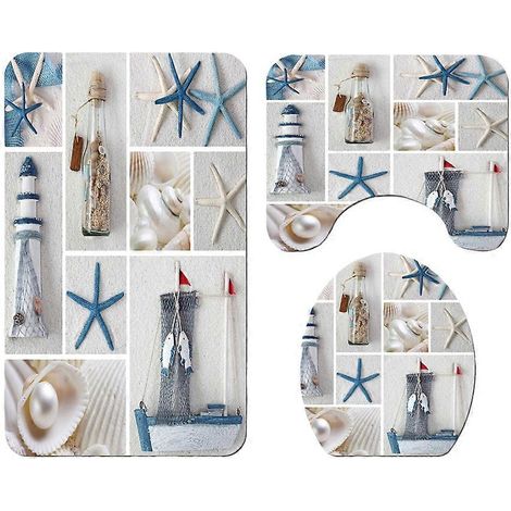 Lot de 3 tapis de bain antidérapants et imperméables, avec motifs tendance et housse pour couvercle de WC. (1/5)