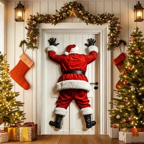 Santa Claus door frame banner, front door decoration with fun Christmas door frame - red -