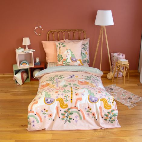 Parure de lit enfant 140x200 cm coton LA DAME A LICORNE rose 2 pièces (1/5)