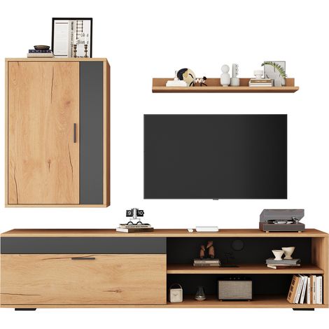 140×35×39 cm Ensemble mural TV (set complet 3 pièces), mur TV avec meuble TV, étagère sur pied et étagère murale, meuble TV salon moderne, à poser et à suspendre, finition bois et noir (1/5)