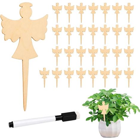 Étiquettes pour Plantes en Bois 51x100 mm, Design Ange, Stylo Effaçable – Marqueurs de Jardin pour Herbes, Fleurs, Légumes, Pots