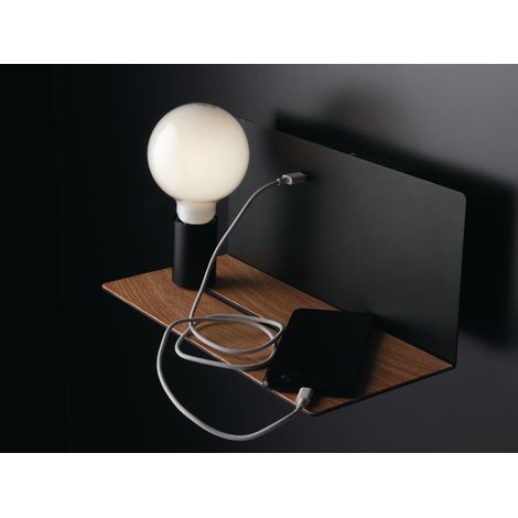 LED Wandleuchte Schwarz mit USB Ladefunktion & Ablage - Glühbirne verstellbar (1/4)